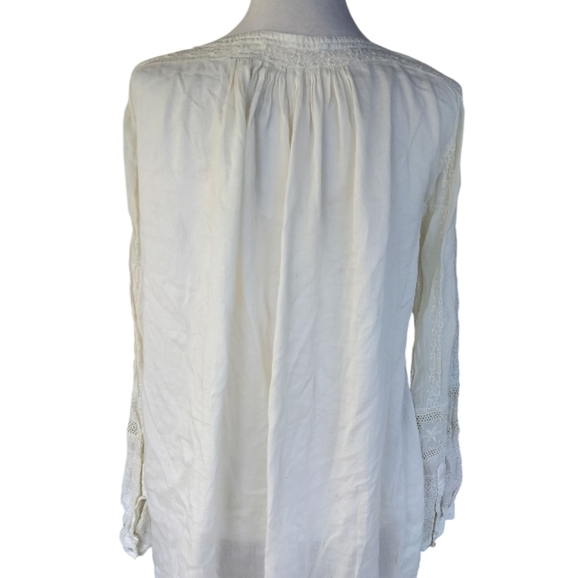 Burning Torch Cream Floral Embroidered Reclaimed Cotton Popover Blouse Small - Picture 4 of 9